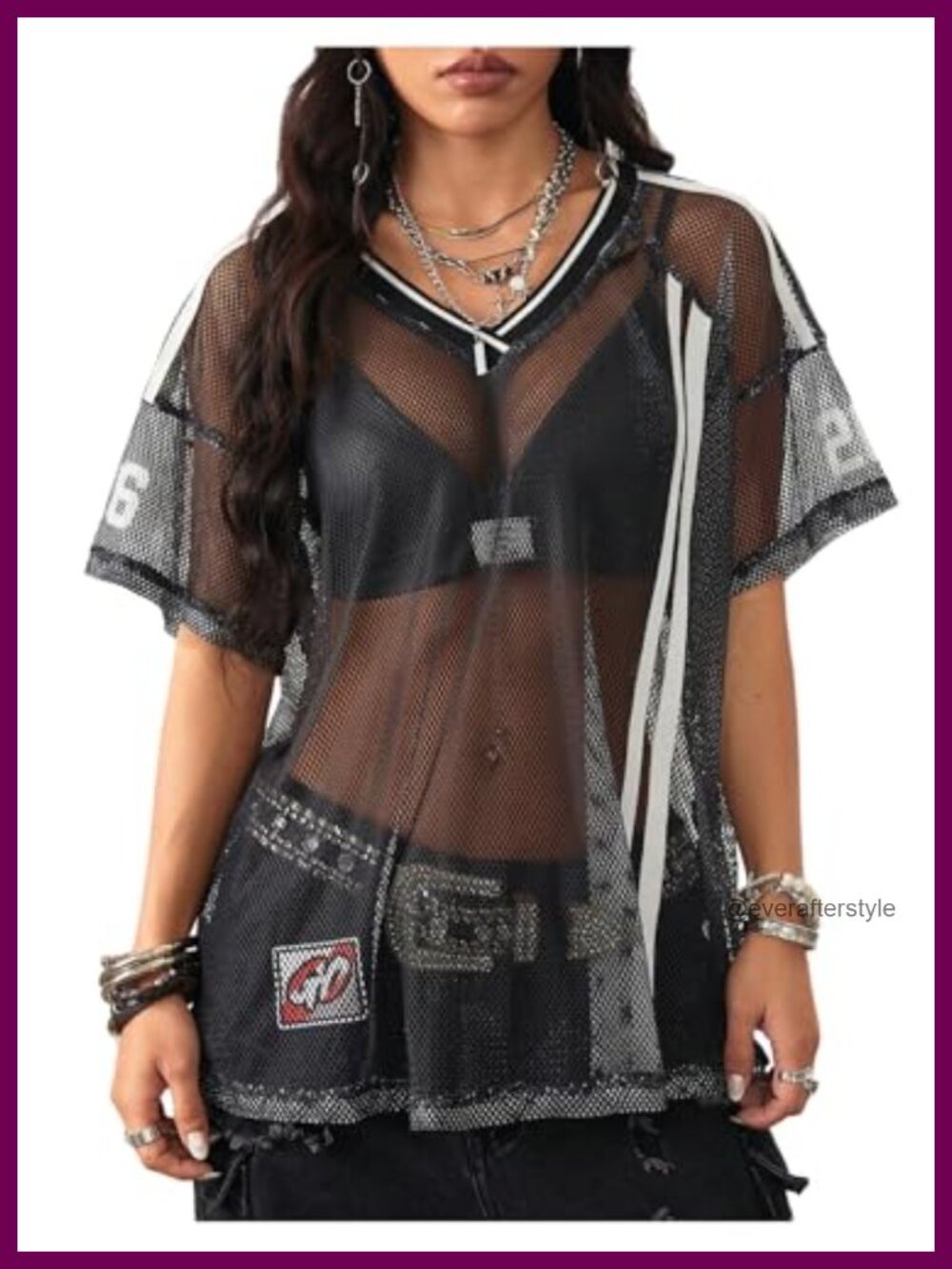 Sheer Mesh Striped Jersey V-Neck Crop Top Short Sleeve Loose Fit